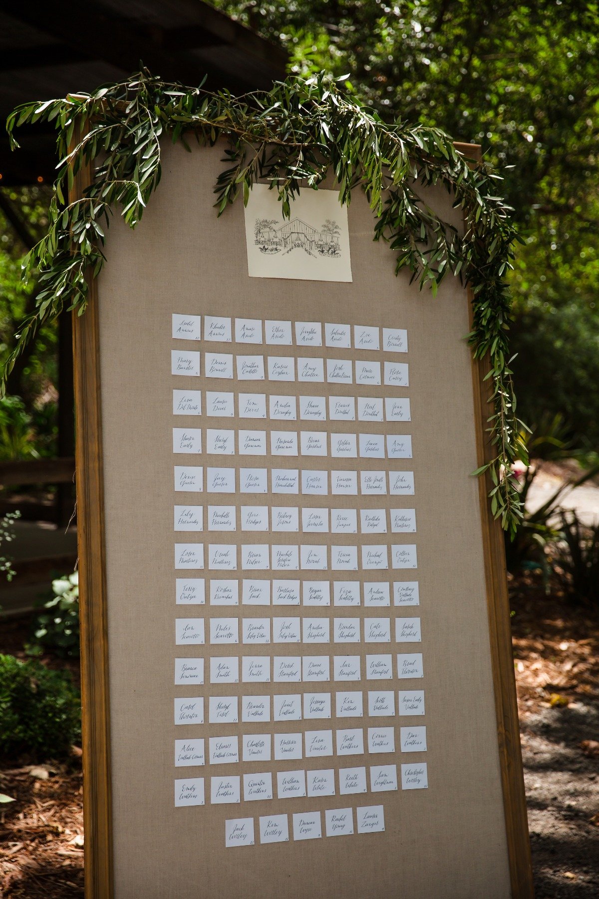large frame with burlap used for seating chart