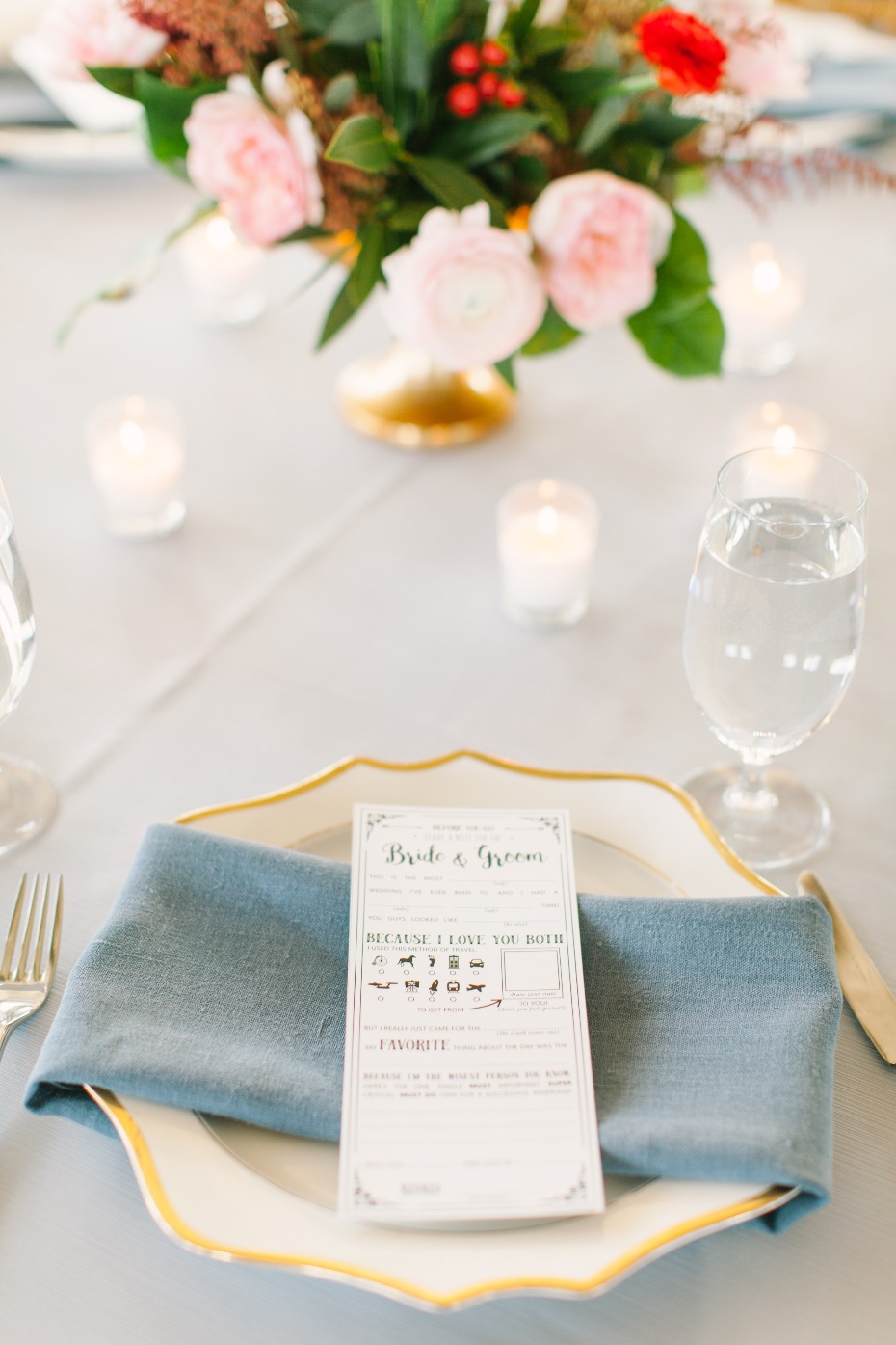 wedding menu on blue napkin