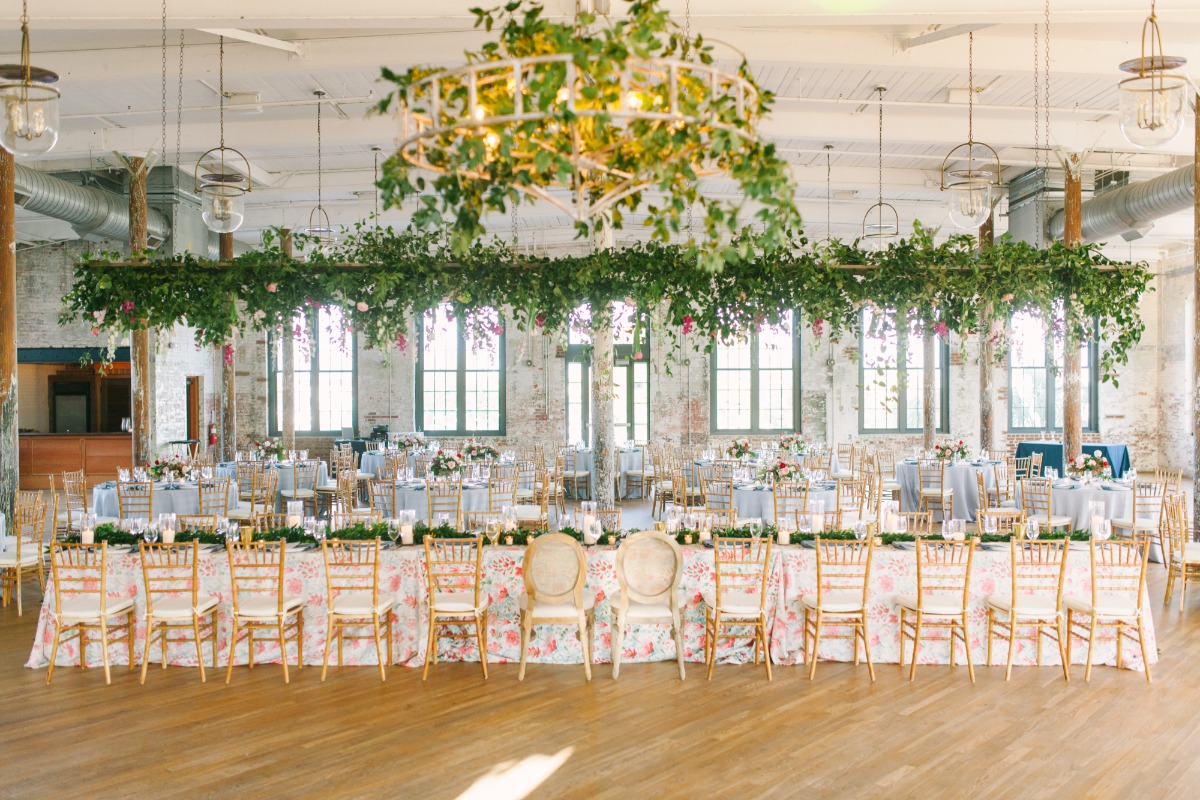 Elegant wedding reception venue with floral decor and tables