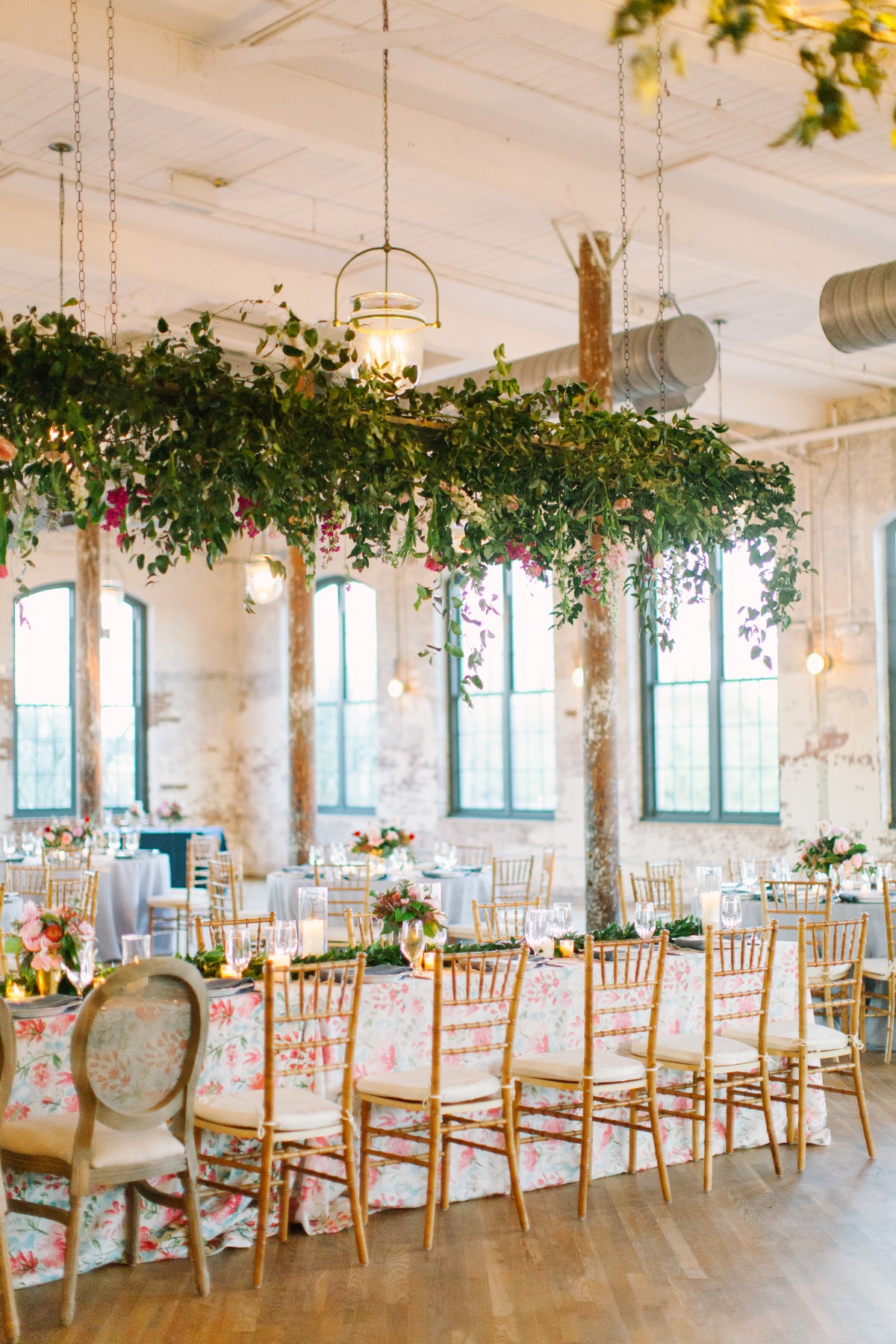 floral table cloth with hanging floral arrangement