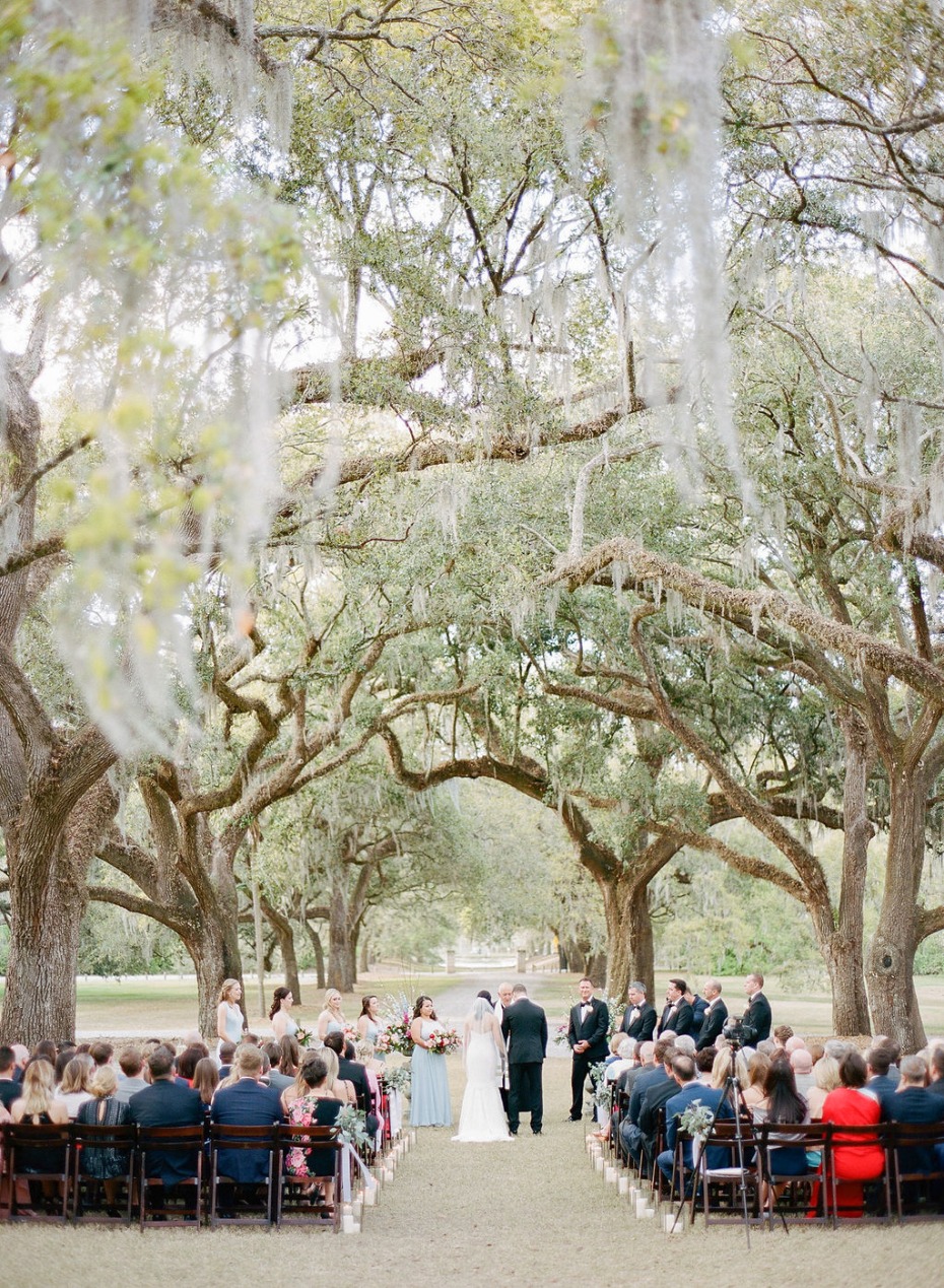 Wedding ceremony under beautiful old oak trees with guests