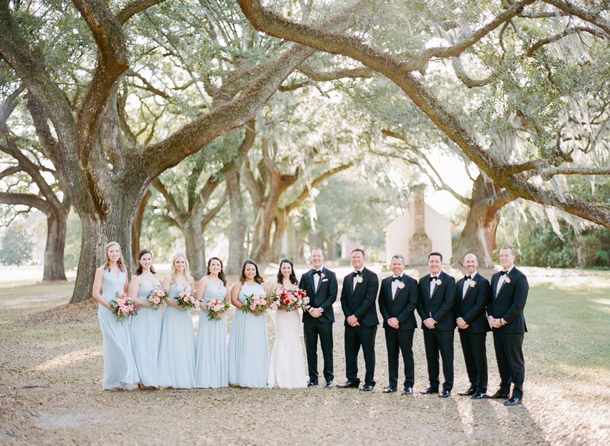 Wedding party posing under grand trees on a sunny day