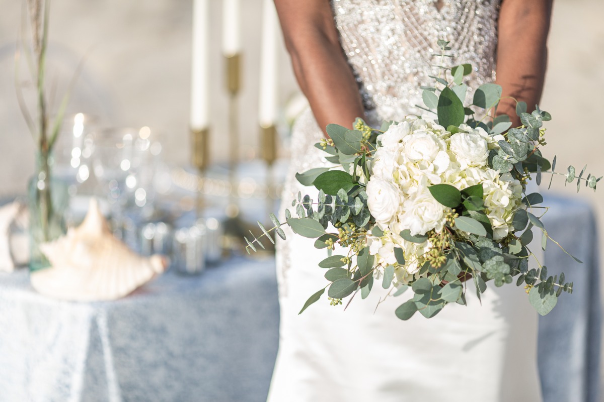 hydrangea and eucalyptus wedding bouquet