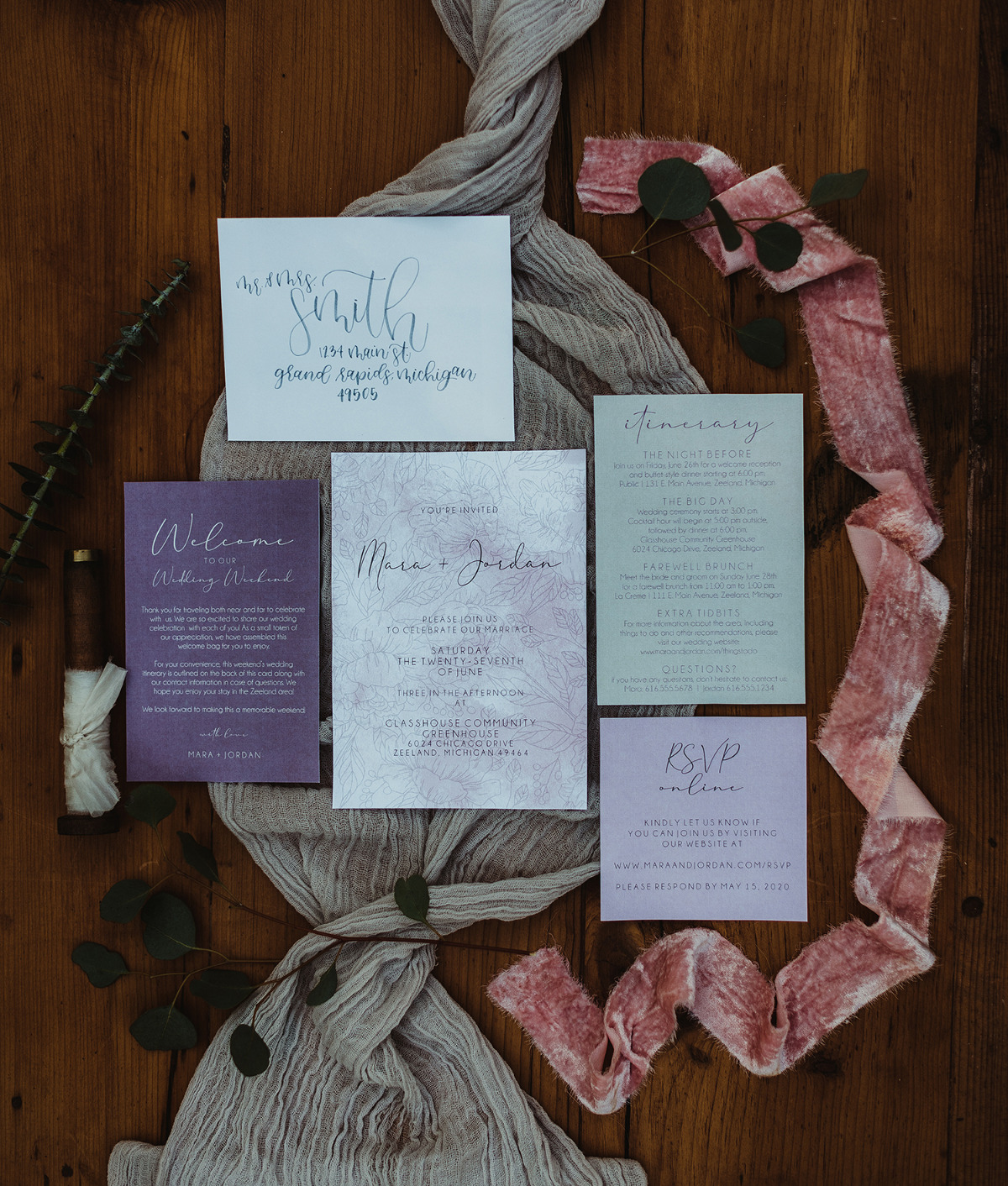 Moody lavender wedding invitations