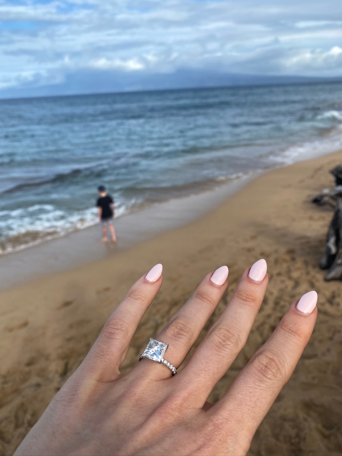 Beach proposal ring square cut diamond engagement