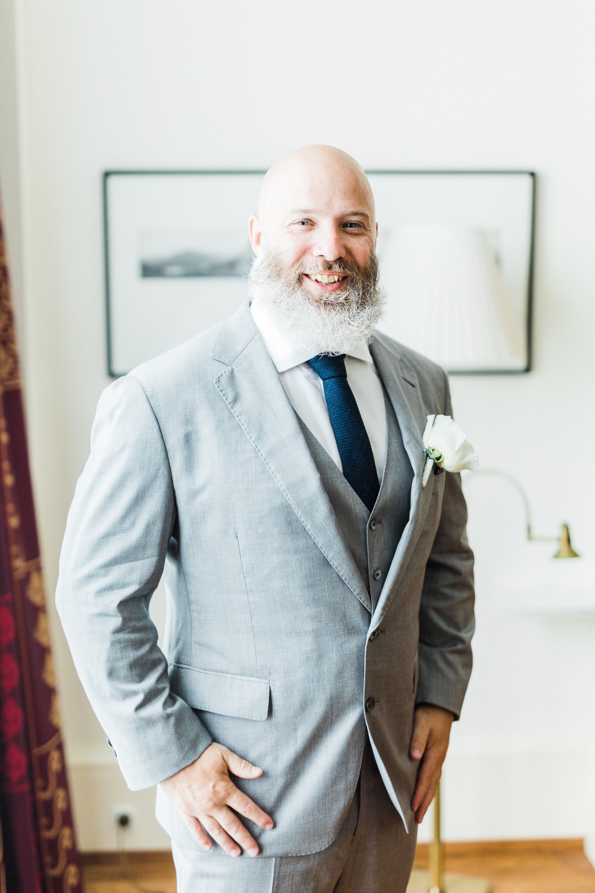 gray suit and navy tie for the groom