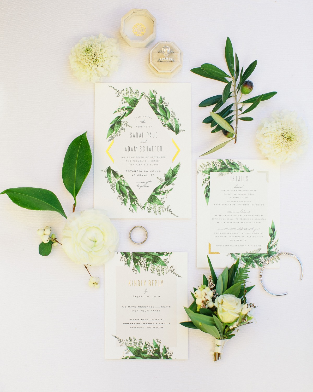 green and gold wedding invites