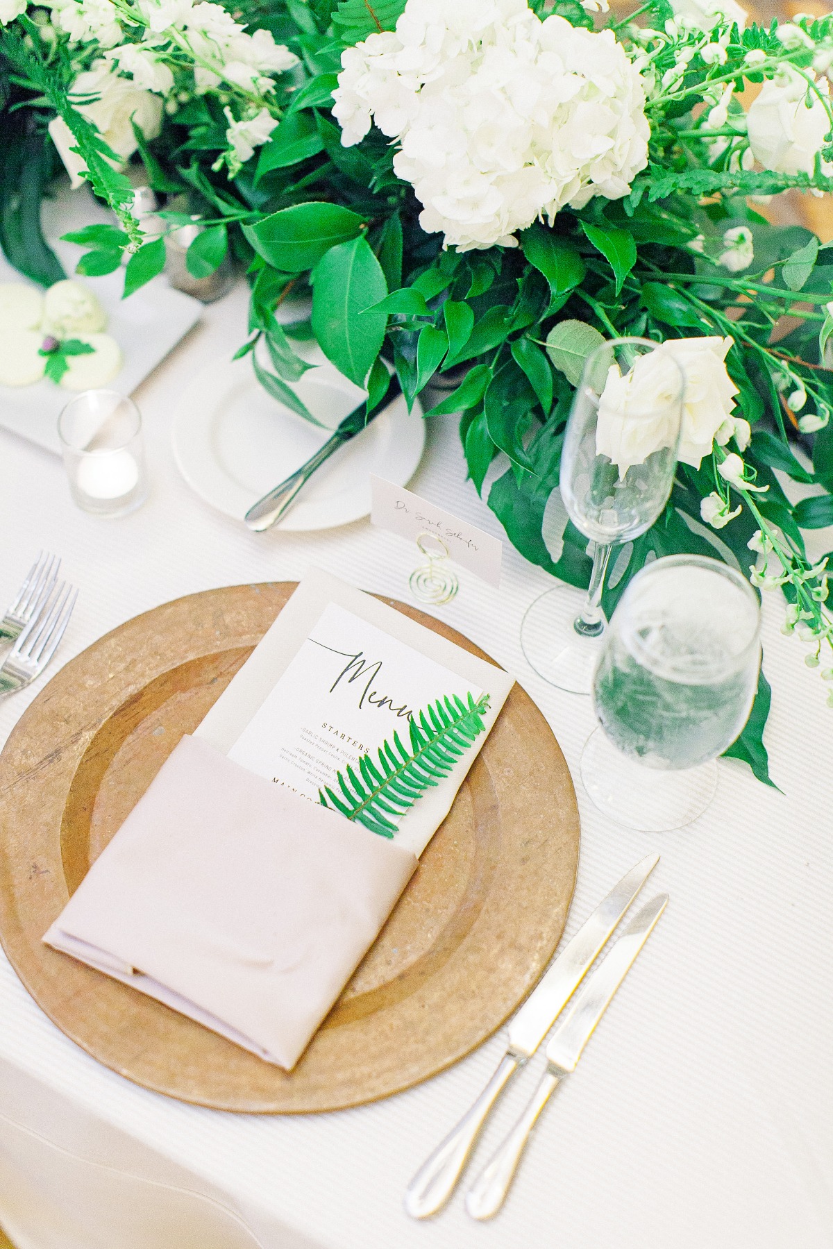green, white and gold wedding reception