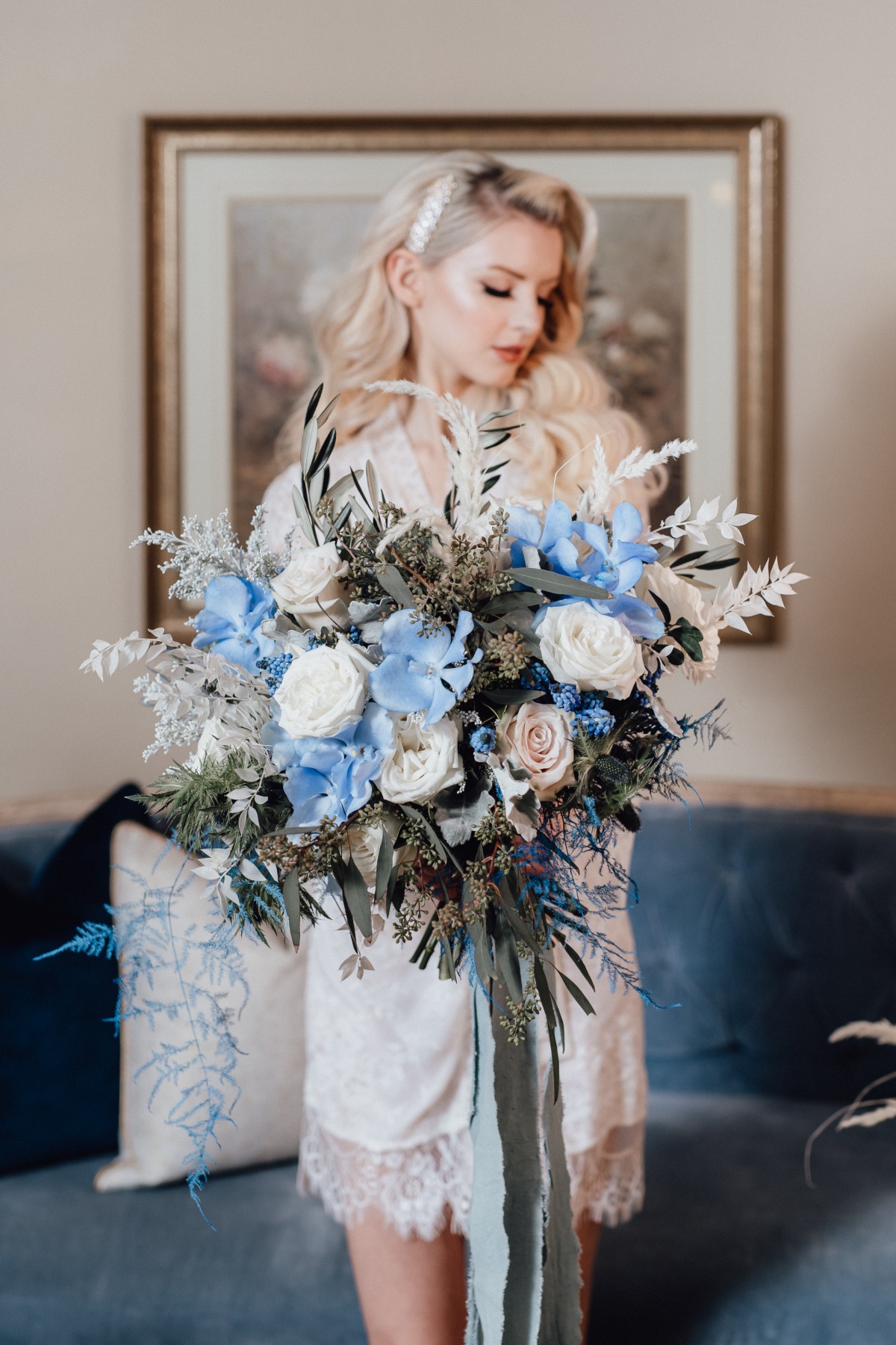 blue, white and green wedding bouquet