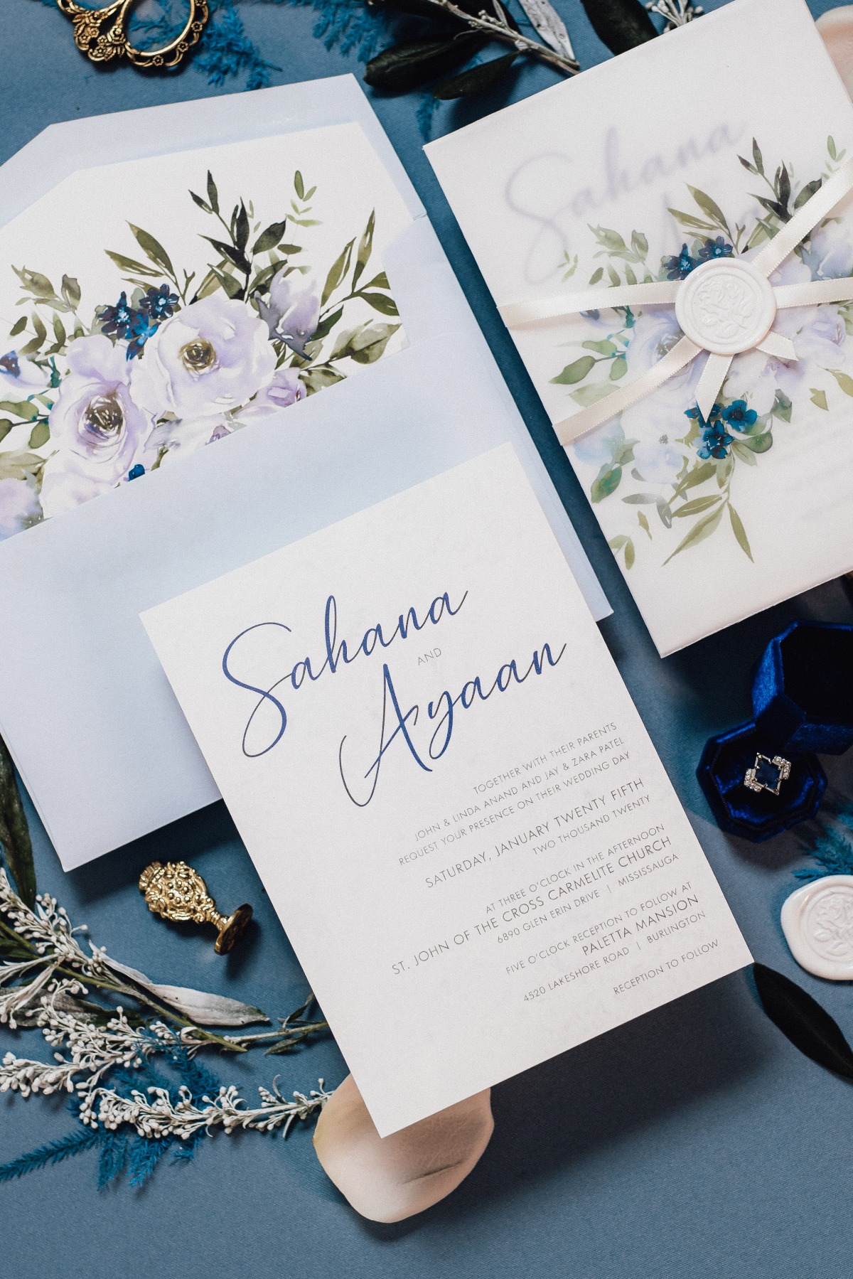 blue floral wedding invitations
