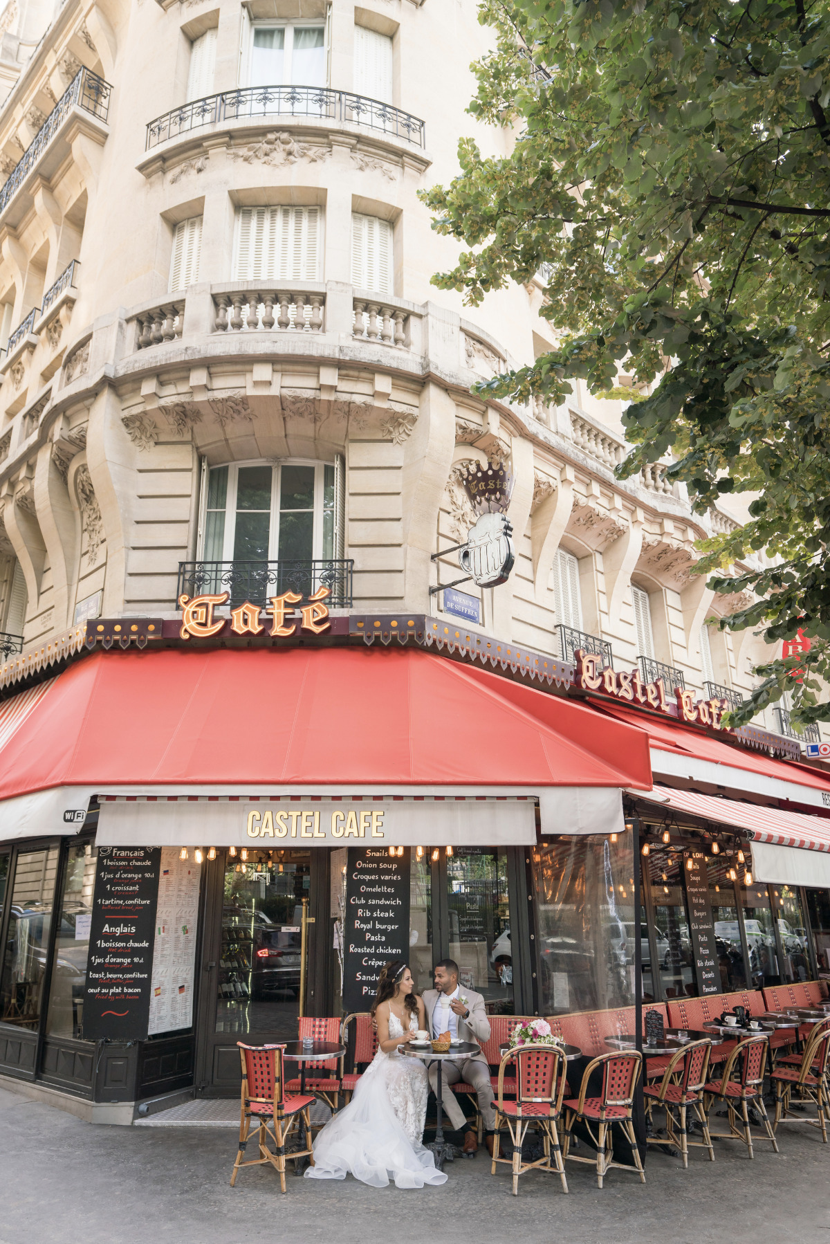 Romantic Parisian cafe after sunrise elopement