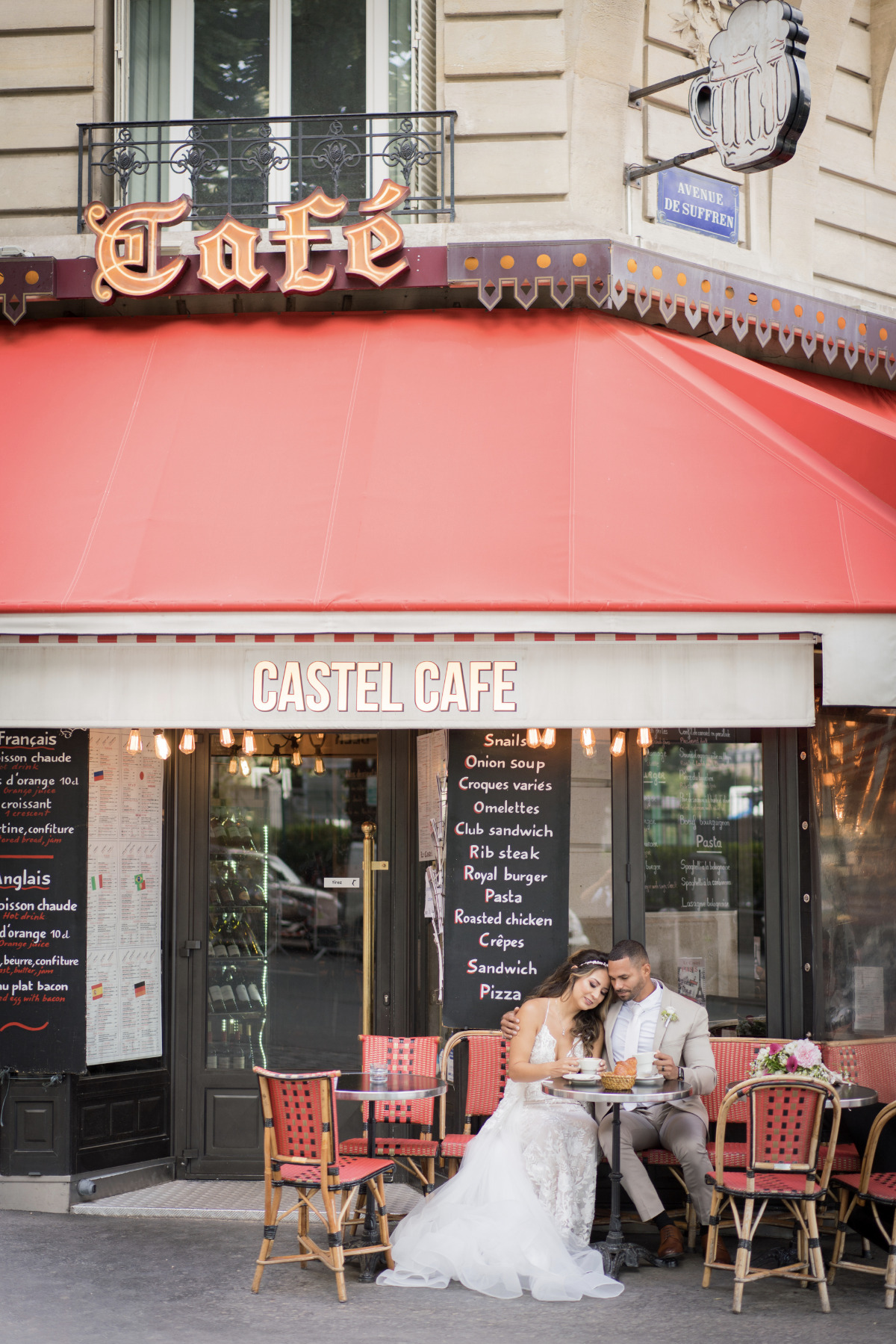Romantic Parisian cafe after sunrise elopement