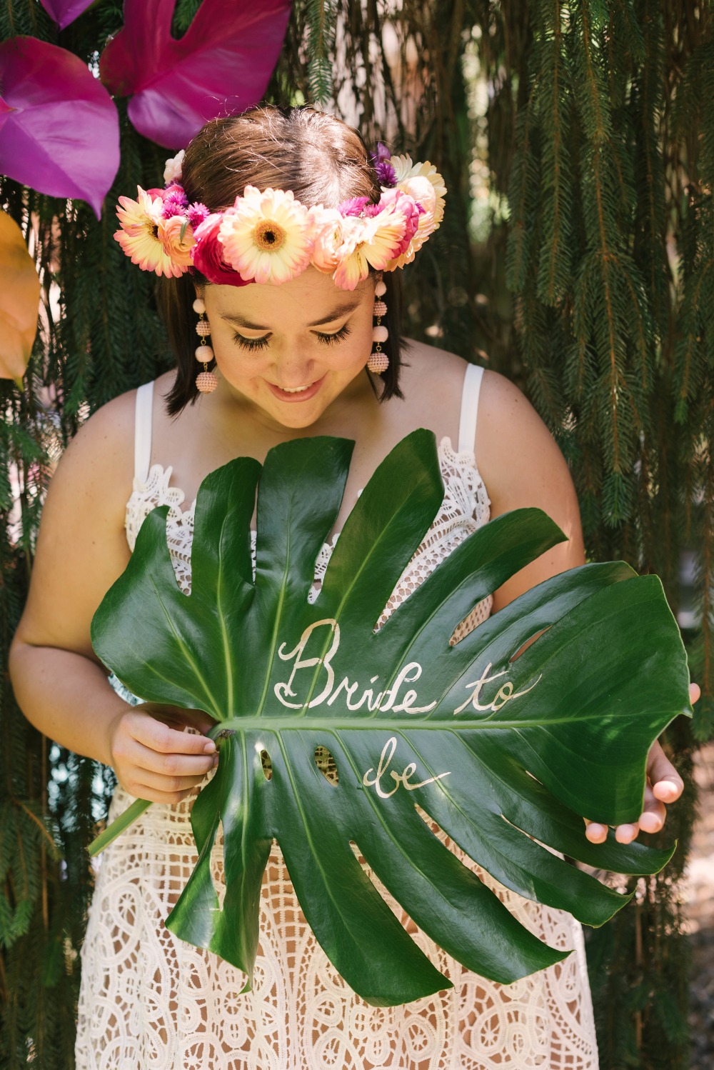 Bride to be written on tropical leaf