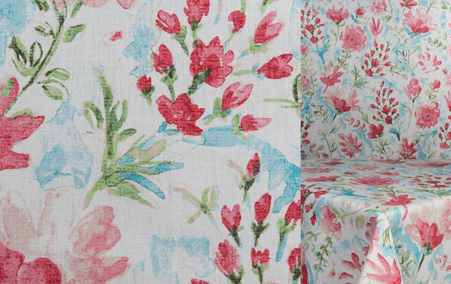 Watercolor floral fabric design in pinks, blues, and greens