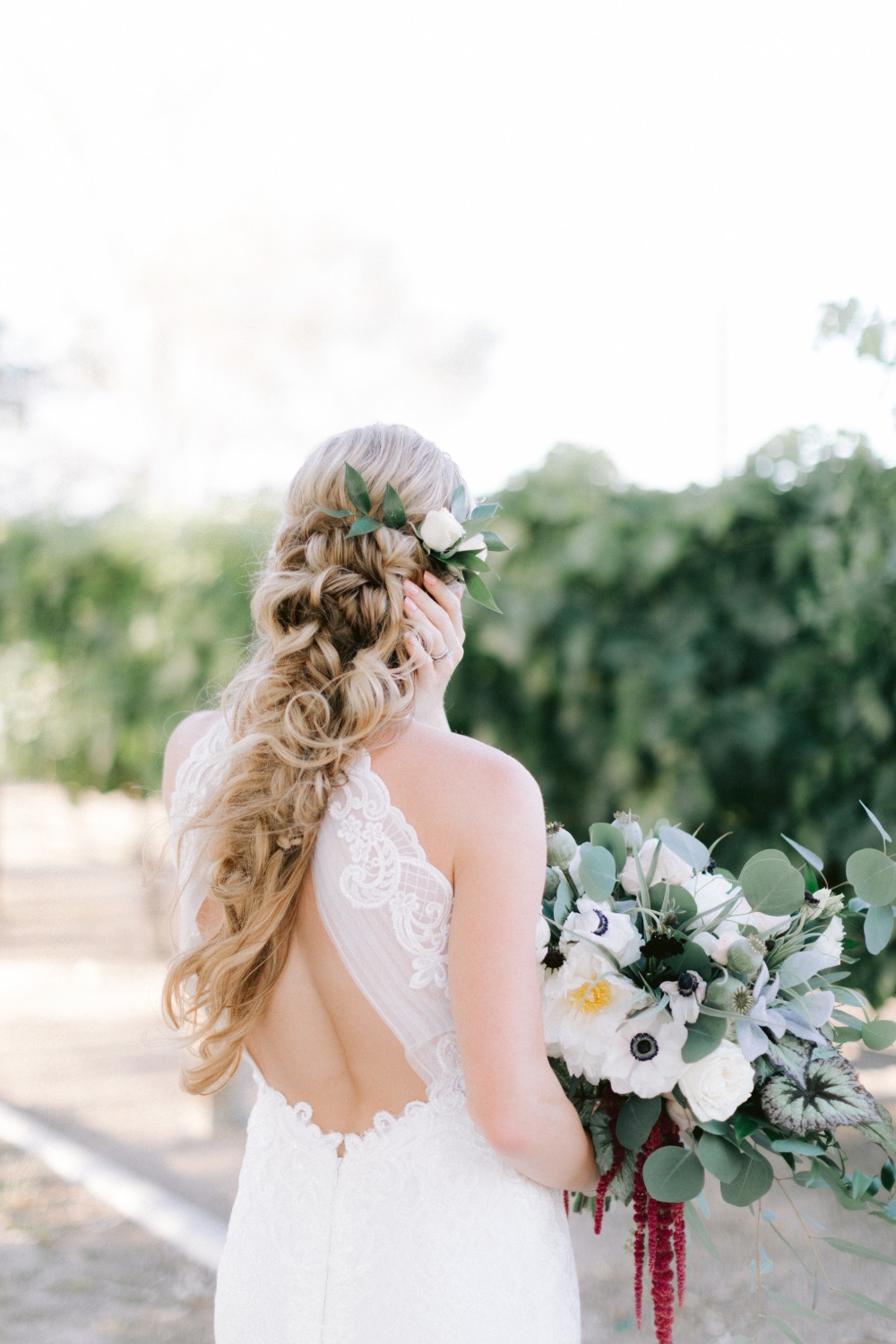 long wedding hair with white florals