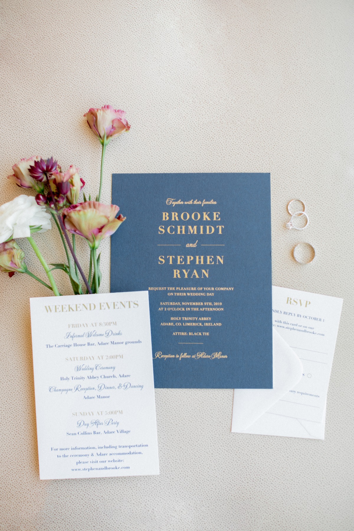 gold and navy wedding invitations