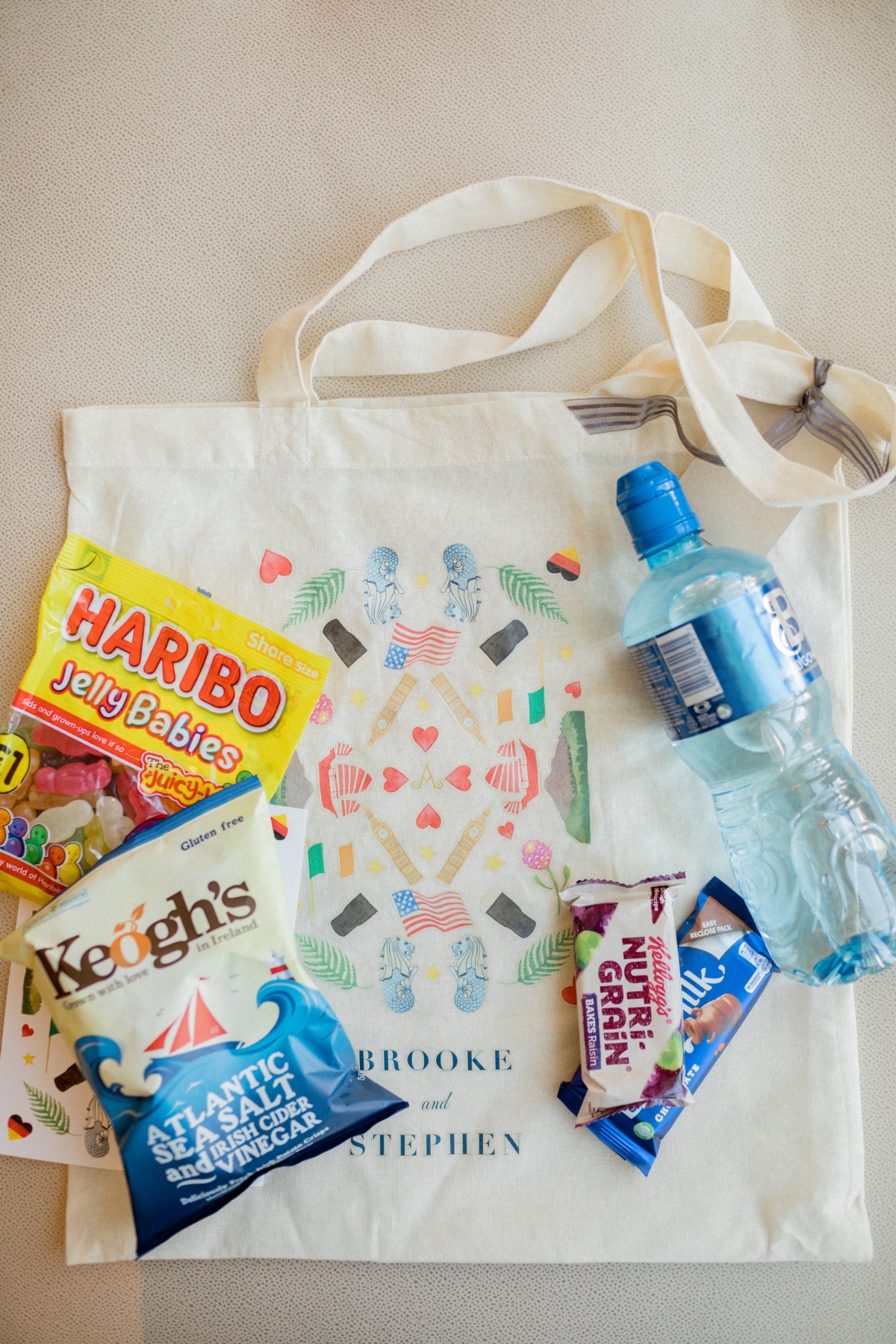 Welcome bag with snacks and water for Brooke and Stephen