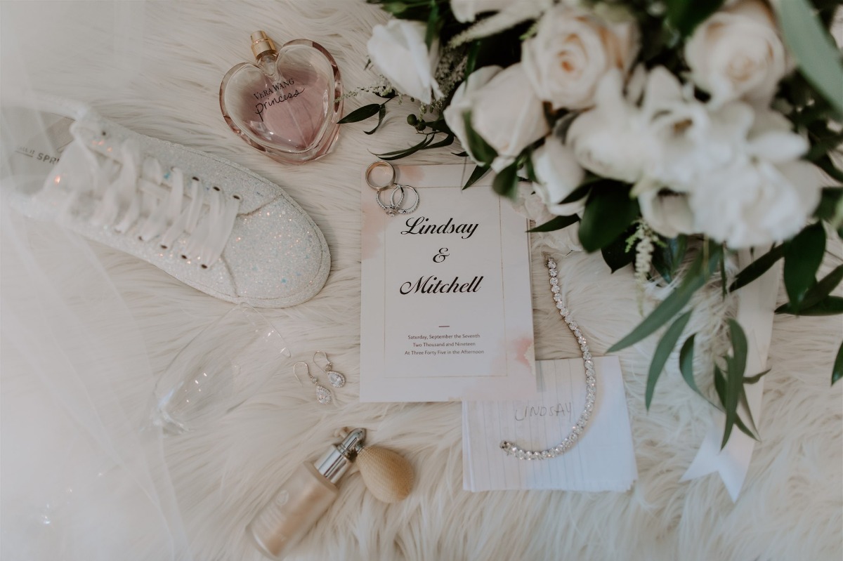 flat lay styling with white sparkly sneakers