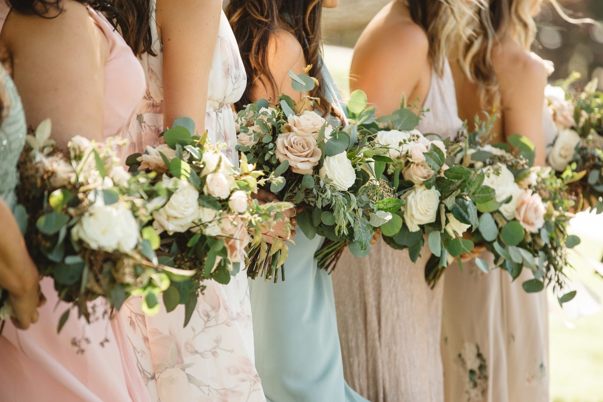 blush and white garden rose bridesmaid bouquets