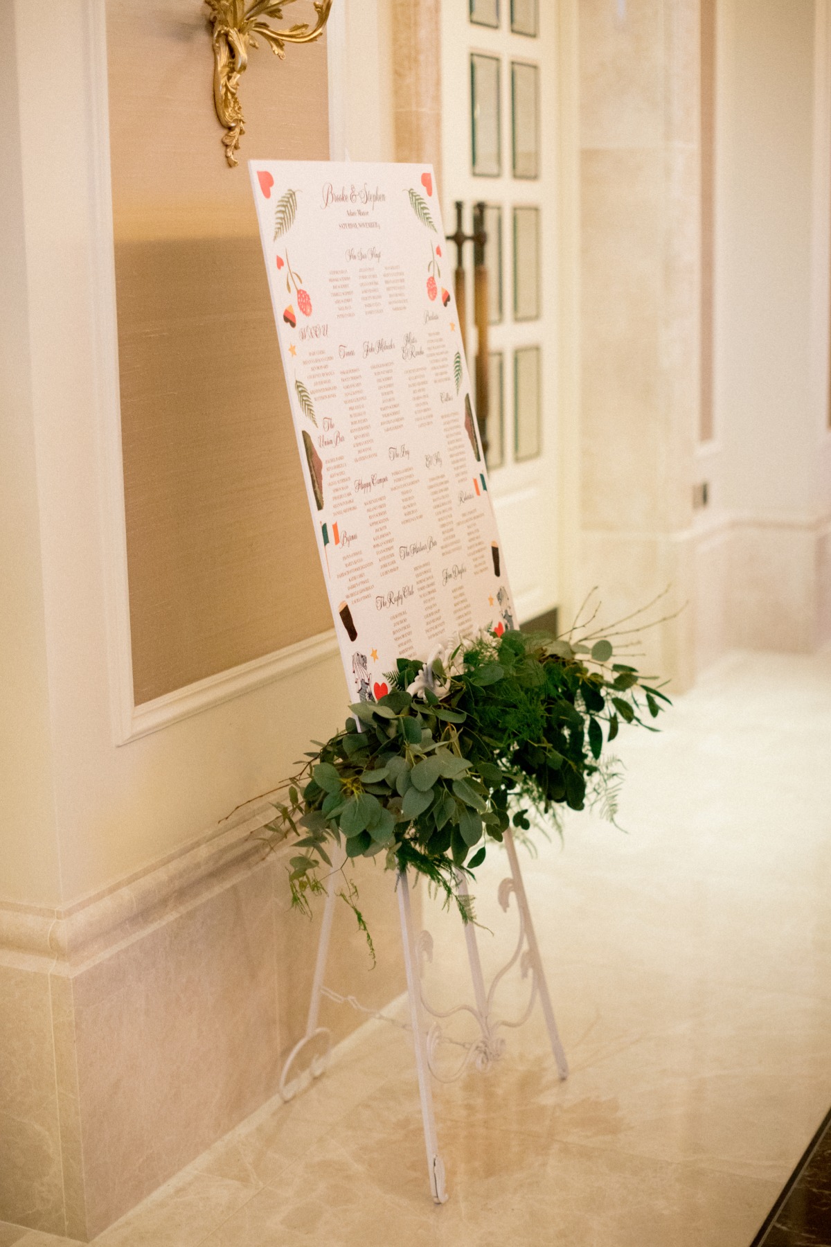 Wedding seating chart with floral details and greenery