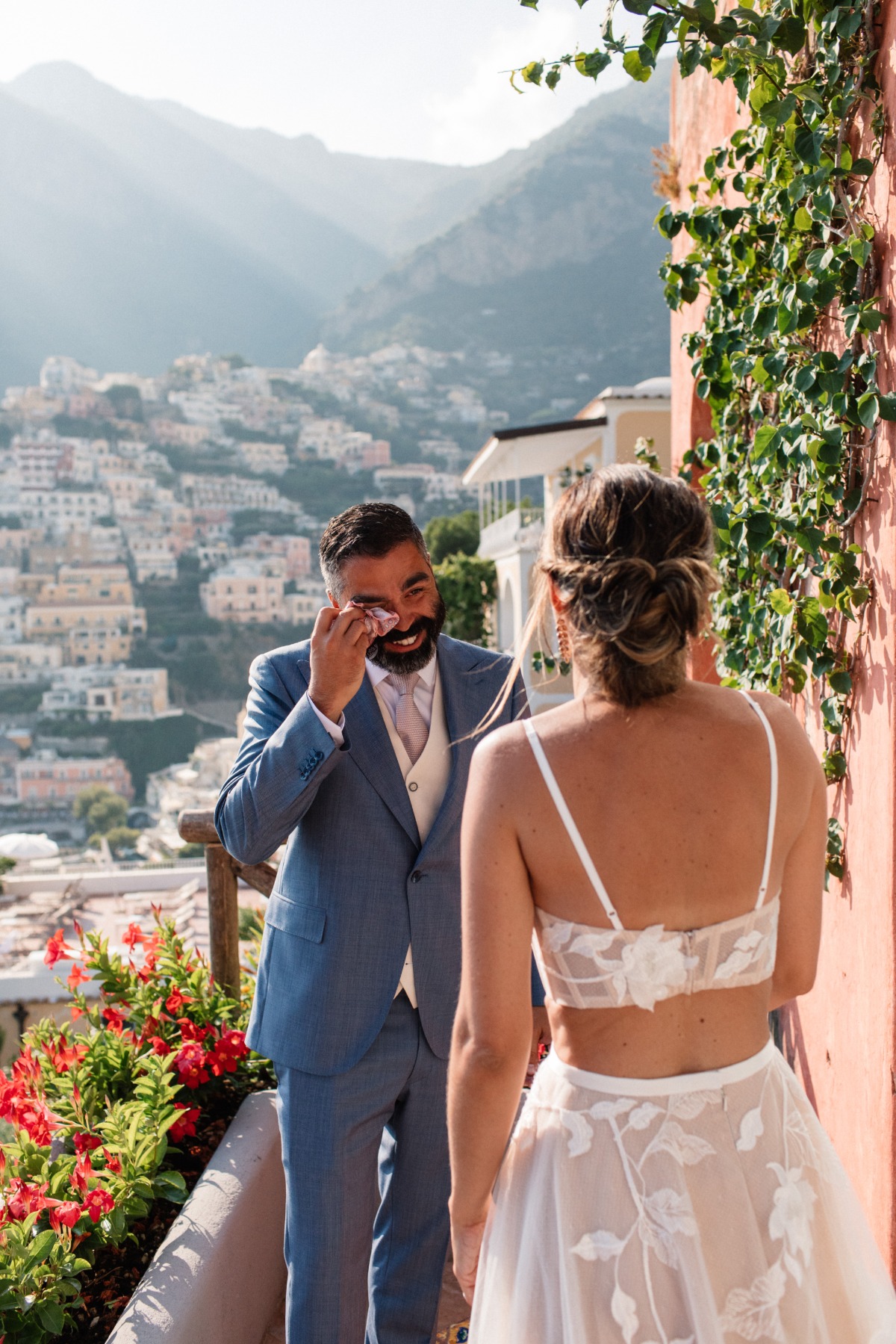 Emotional groom sees bride in Positano Italy wedding
