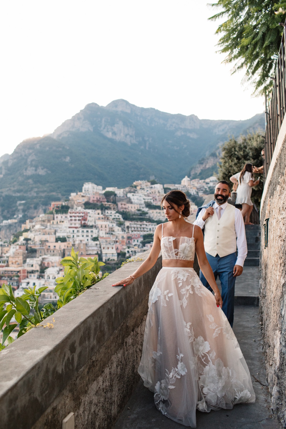 bride in two-piece Watters dress at Amalfi Coast elopement