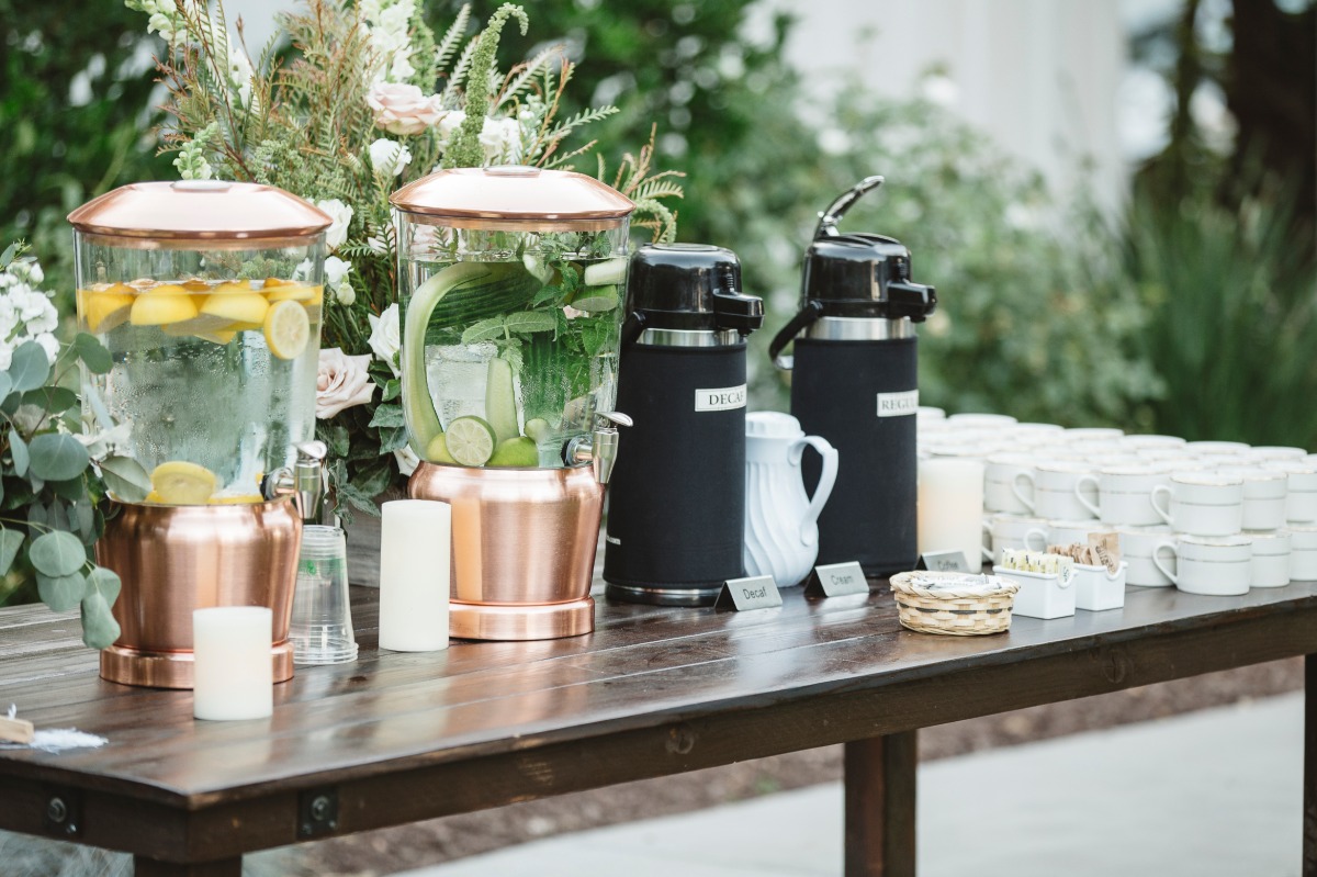 drink station with lemon water and cucumber water and coffee