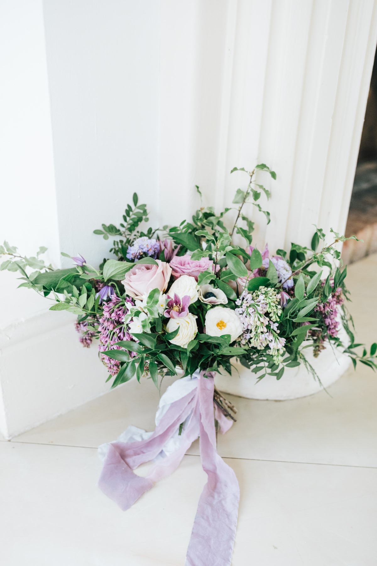 purple and white wedding bouquet with ribbion from The Botanical Dyer 