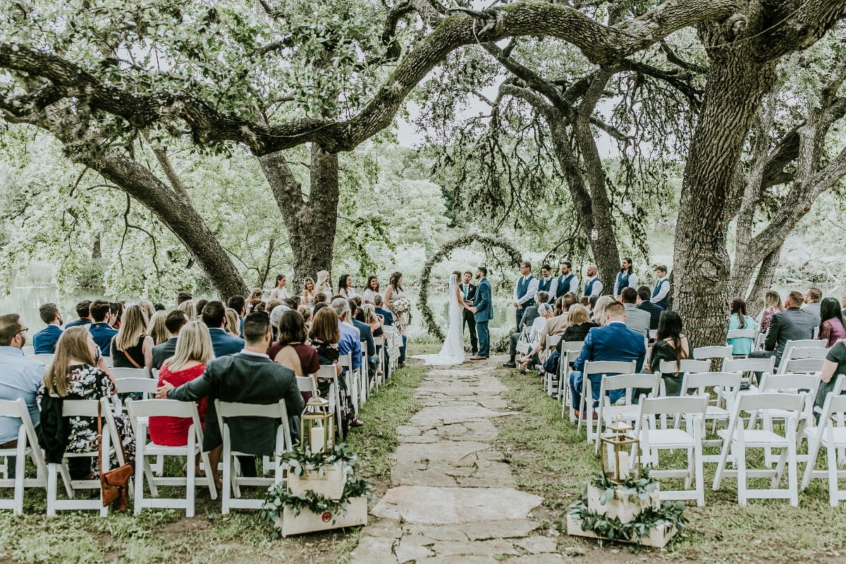 wedding ceremony set up at Cypress Falls event center