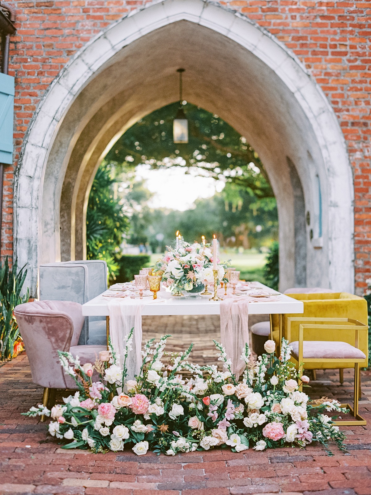pink and yellow outdoor wedding reception