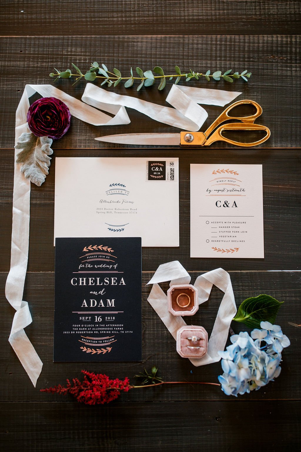 navy blue and rose gold wedding invites from Minted