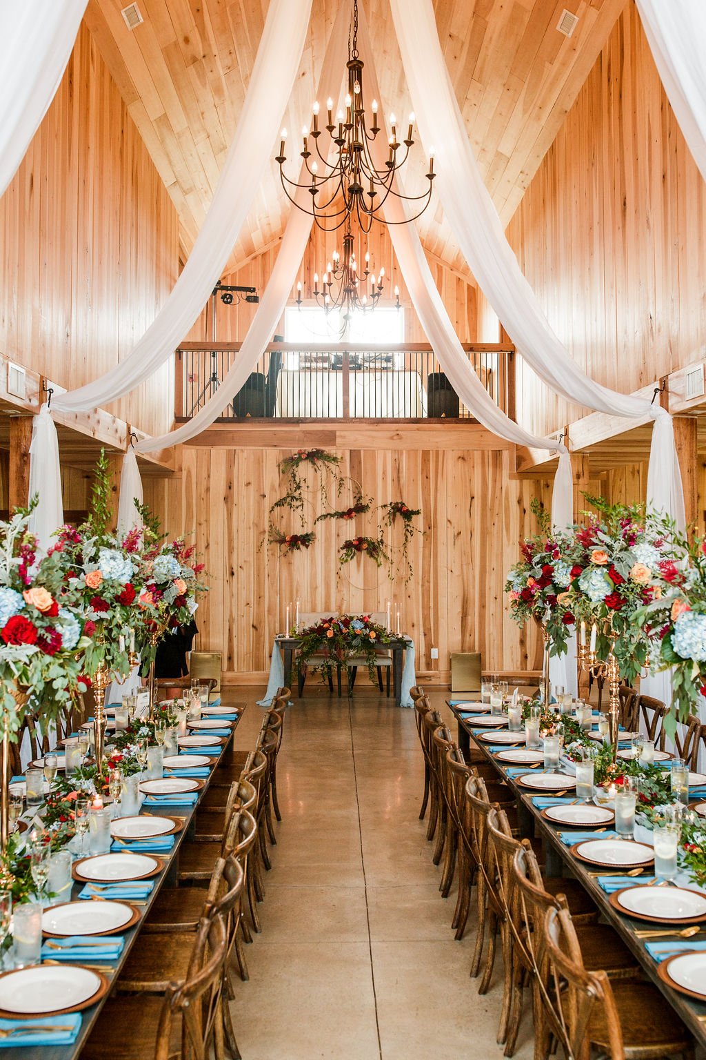 light blue and red wedding reception decor ideas at Allenbrooke Farms
