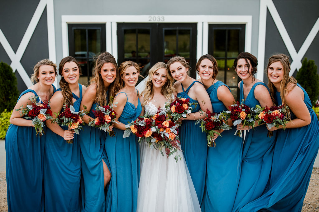 mismatched styled sky blue bridesmaid dresses