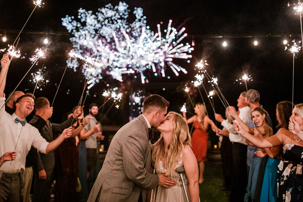 Wedding couple kissing under fireworks, guests with sparklers