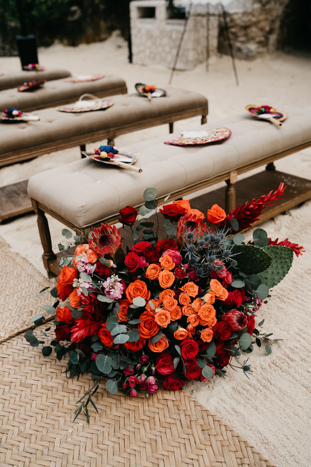bright and colorful aisle decor at Mexico destination wedding