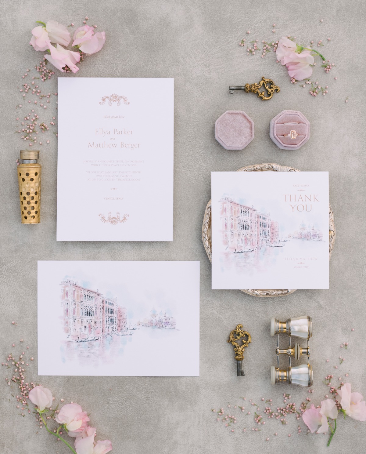 Elegant wedding invitation suite with watercolor Venetian scene