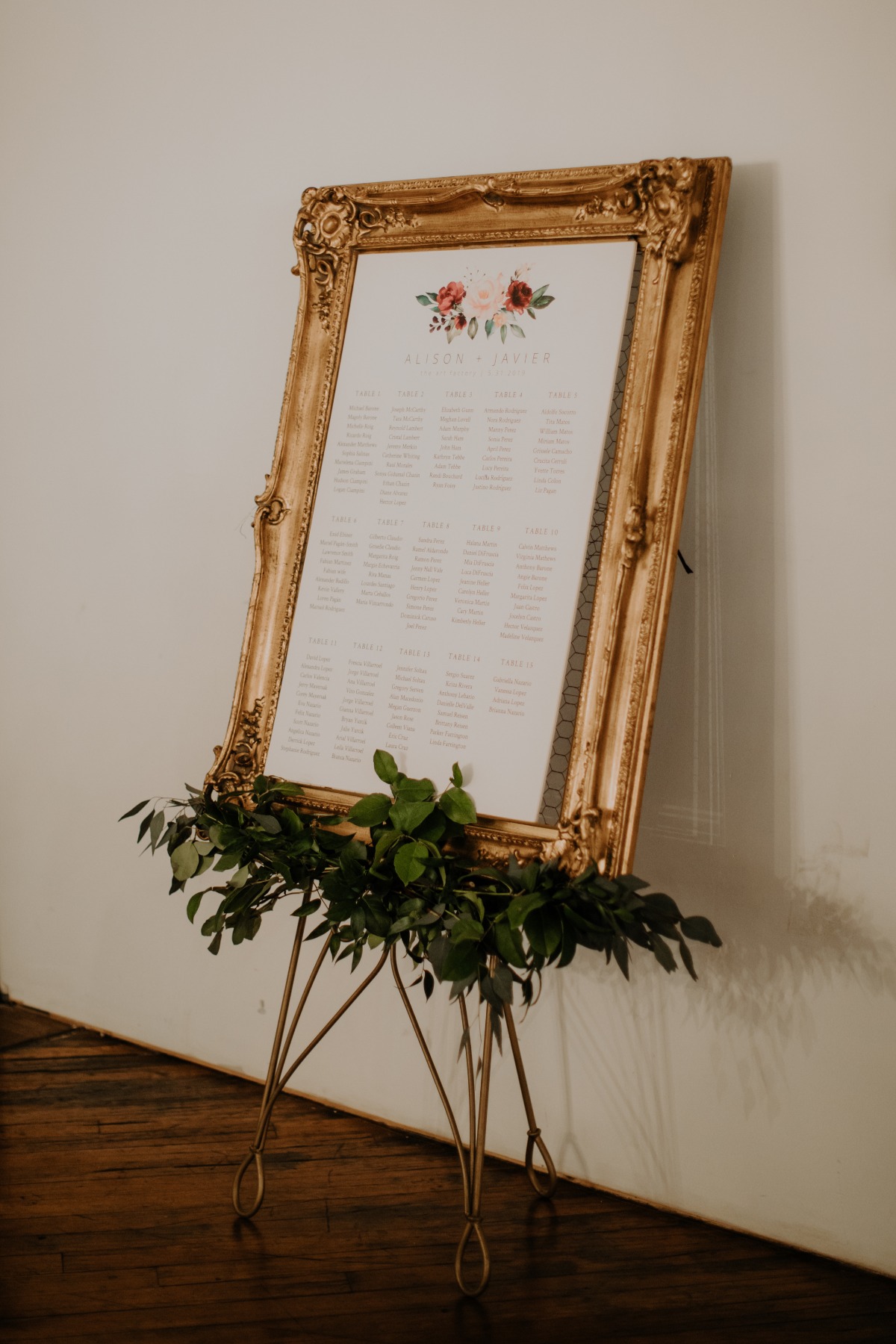 seating chart in vintage gold frame