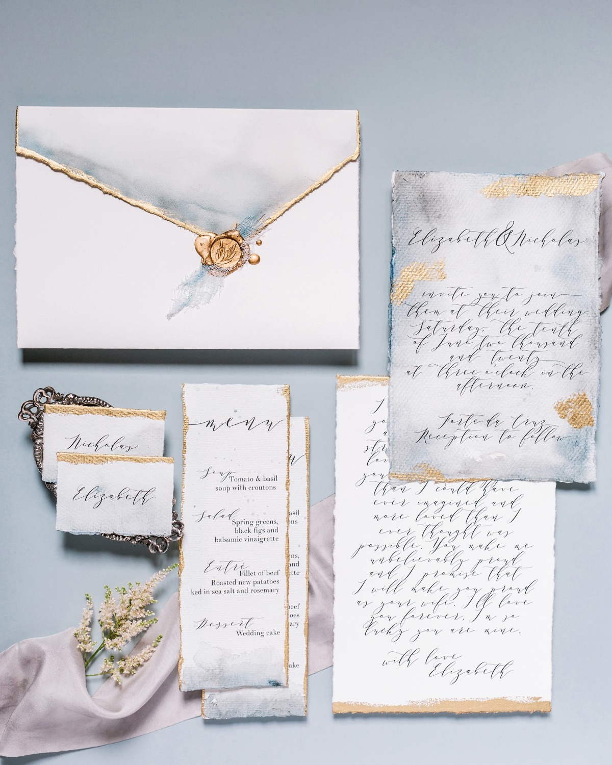 gold ornate wedding invitations designed by A Pajarita