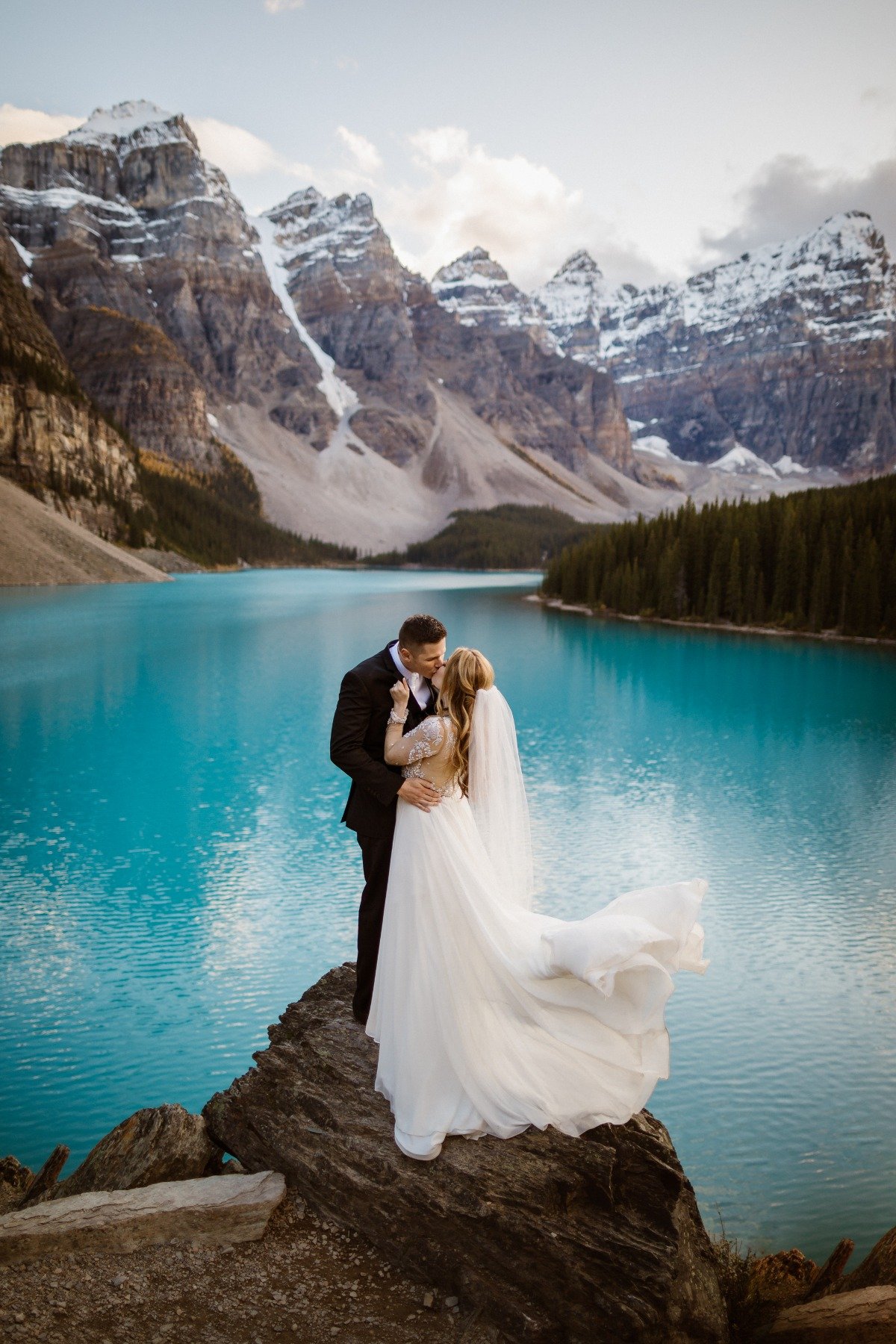 Moraine Lake wedding portrait captured by Film and Forest Photography