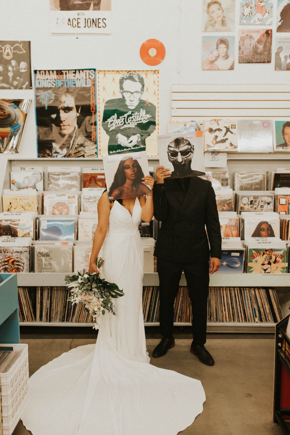 wedding party goes to record store on wedding day