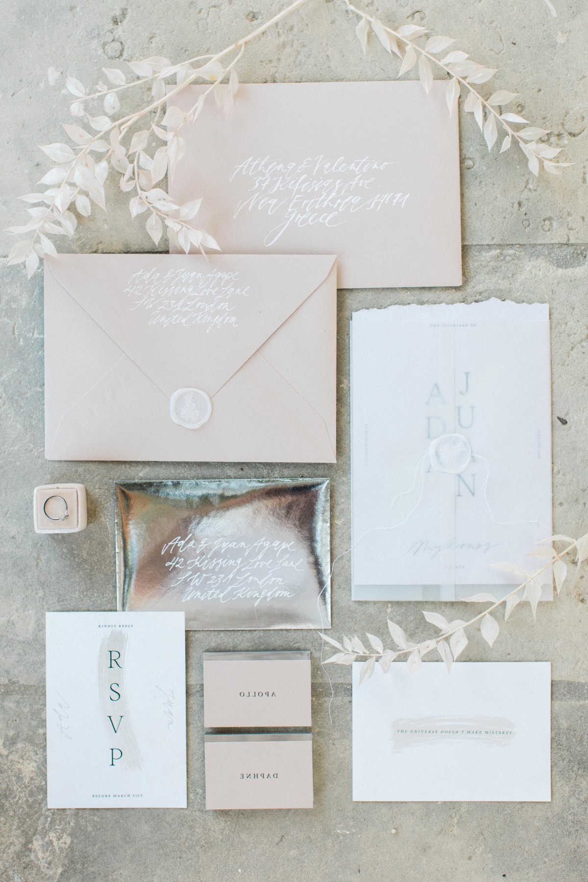 blush wedding stationery with white seal designed by  Studio Van Hart