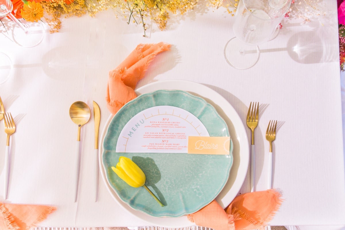 teal plates with chic gold and white flatware