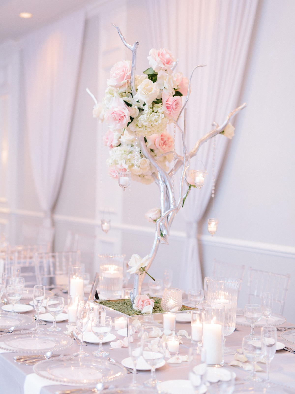 pink and white wedding reception decor