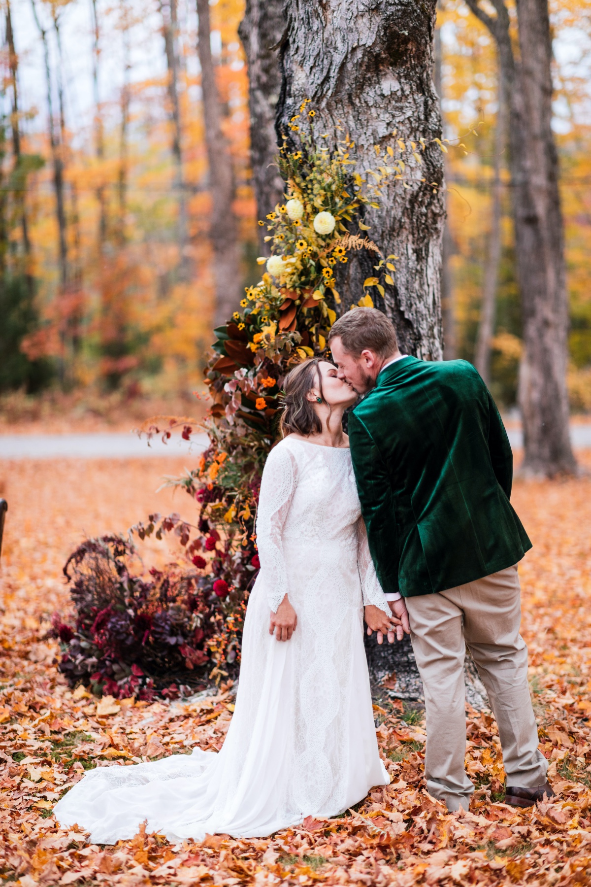 first wedding look amongst the fall leaves