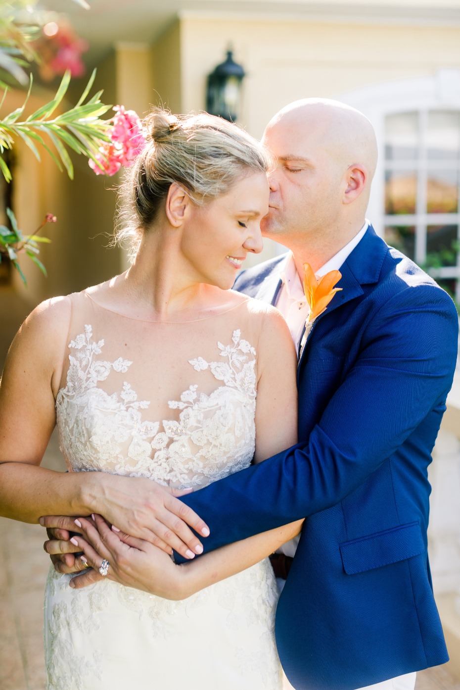Bride and groom share a sweet moment on wedding day