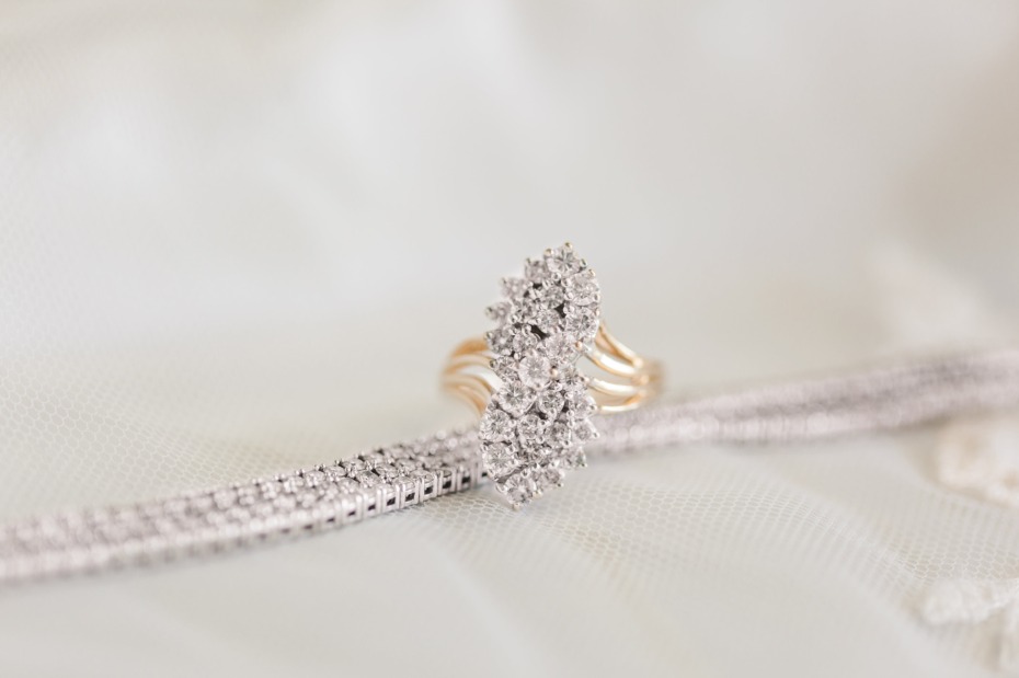 Elegant diamond ring and bracelet jewelry closeup