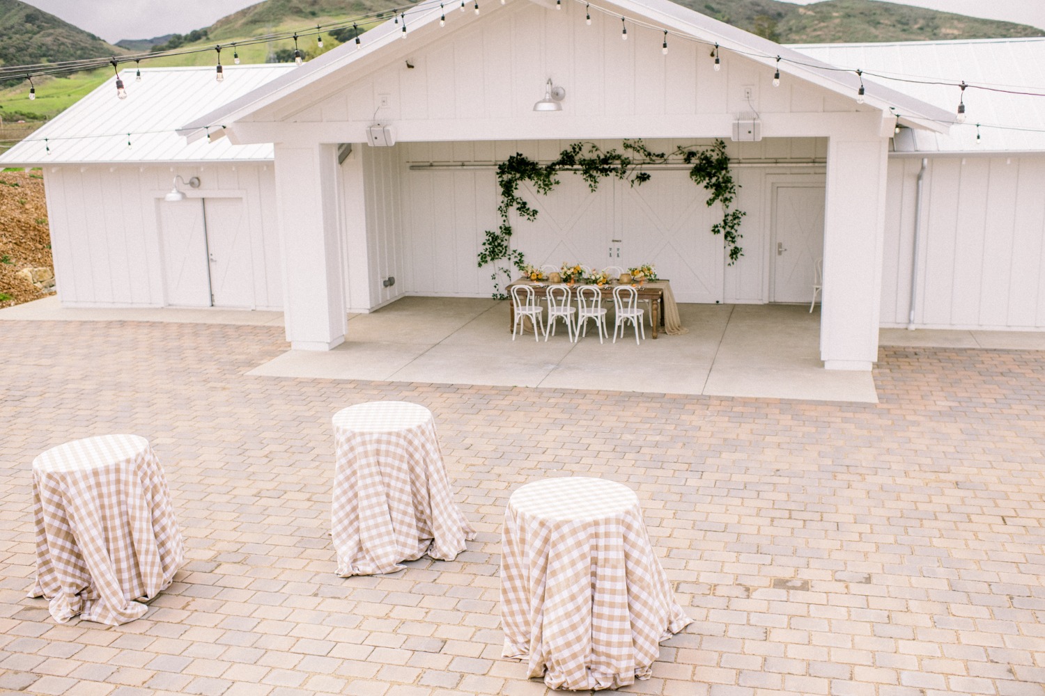 cocktail tables with gingham table cloths
