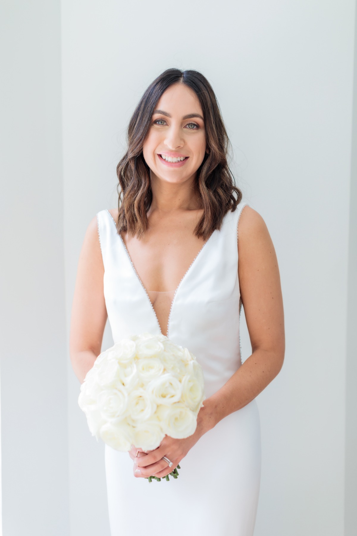 Atelier Pronovias wedding dress with white wedding bouquet