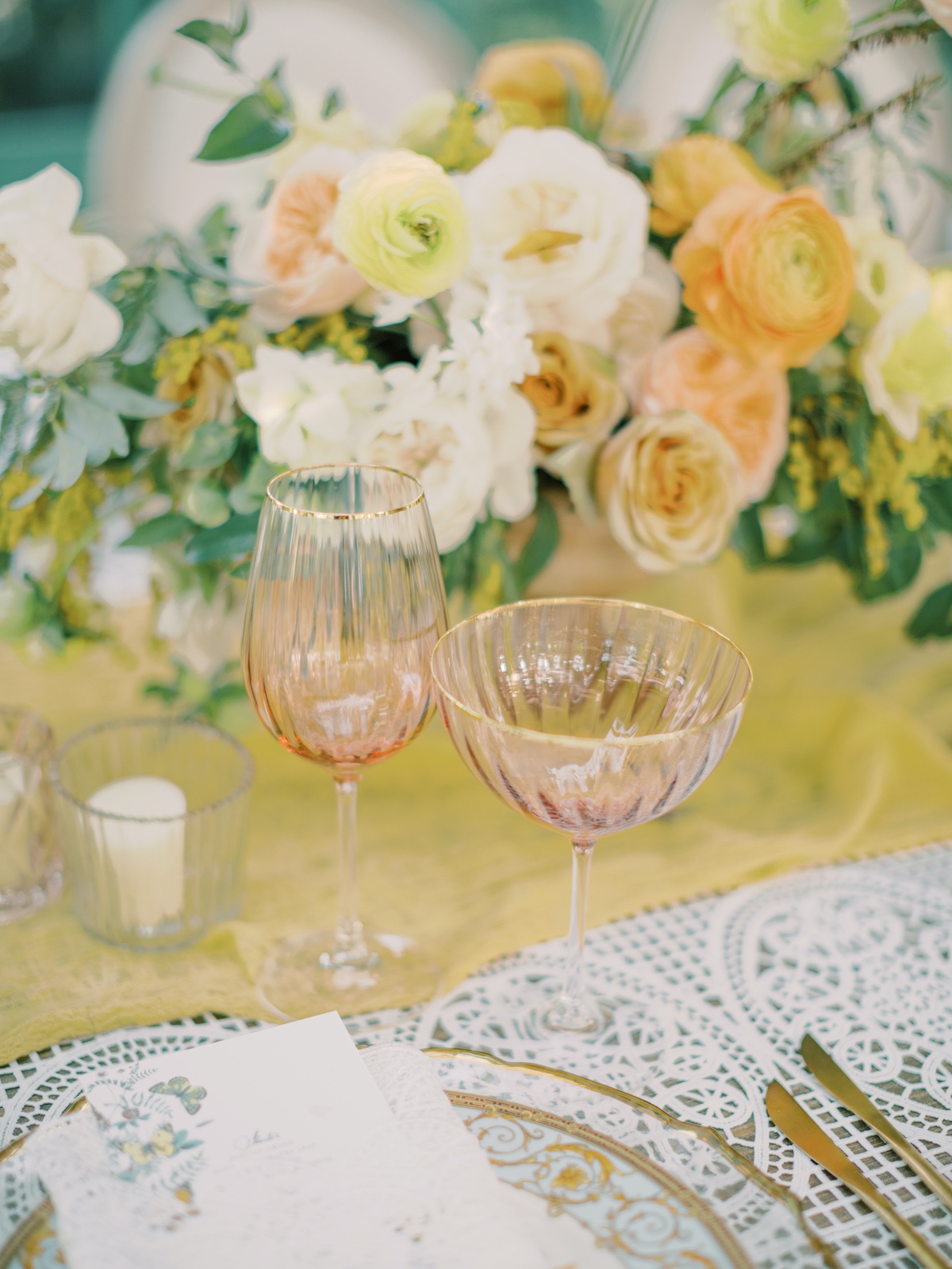 peach and gold rimmed wine glasses