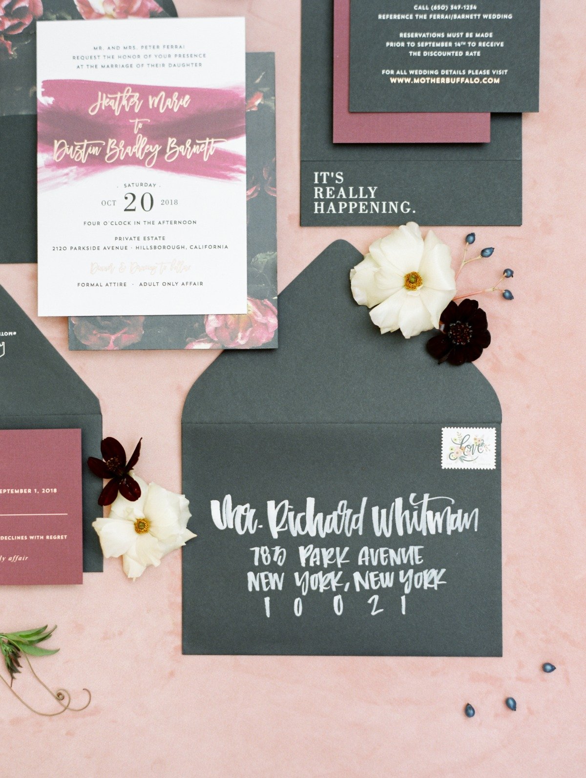 black and blush wedding invitations